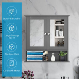 Costway Wall Mounted Bathroom Mirror Cabinet Wooden Storage Cupboard Medicine Organizer - thumbnail 6