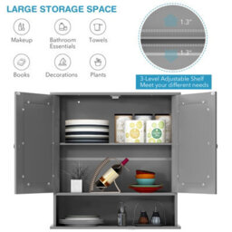 Costway Wall Mounted Bathroom Mirror Cabinet Wooden Storage Cupboard Medicine Organizer - thumbnail 4
