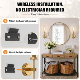 Amorly Wall Sconce Set Of 2 Battery Operated, Brushed Gold Wall Lighting Fixtures With Remote Control, Wall Light For Bathroom, Vanity - thumbnail 6