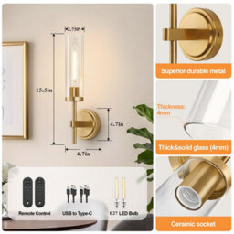 Amorly Wall Sconce Set Of 2 Battery Operated, Brushed Gold Wall Lighting Fixtures With Remote Control, Wall Light For Bathroom, Vanity - thumbnail 5