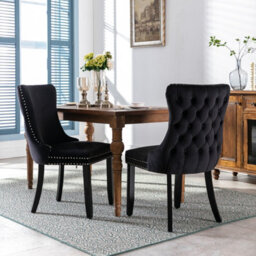 HomeTouch Set Of 6 Lux Velvet Tufted Kitchen Dining Chairs With Wooden Legs, High Back Office Bedroom Chairs Black