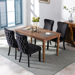 HomeTouch Set Of 6 Lux Velvet Tufted Kitchen Dining Chairs With Wooden Legs, High Back Office Bedroom Chairs Black - thumbnail 5