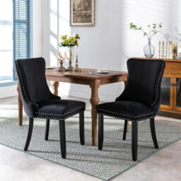 HomeTouch Set Of 6 Lux Velvet Tufted Kitchen Dining Chairs With Wooden Legs, High Back Office Bedroom Chairs Black - thumbnail 2