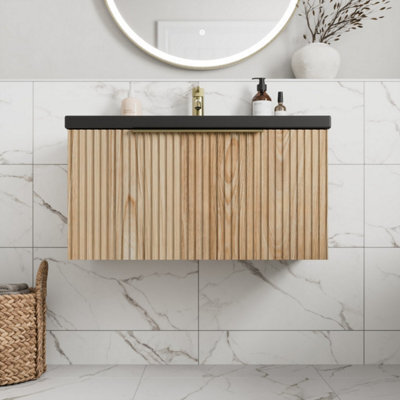 Affine Fluted 800mm Bathroom Vanity Unit Black Basin Wall Hung Cupboard Soft Close Oak - image 1