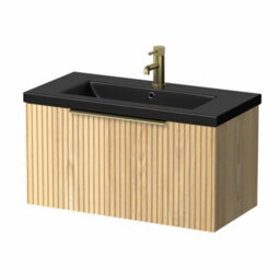 Affine Fluted 800mm Bathroom Vanity Unit Black Basin Wall Hung Cupboard Soft Close Oak - thumbnail 4
