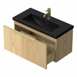 Affine Fluted 800mm Bathroom Vanity Unit Black Basin Wall Hung Cupboard Soft Close Oak - thumbnail 5