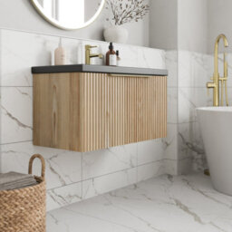 Affine Fluted 800mm Bathroom Vanity Unit Black Basin Wall Hung Cupboard Soft Close Oak - thumbnail 2