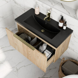 Affine Fluted 800mm Bathroom Vanity Unit Black Basin Wall Hung Cupboard Soft Close Oak - thumbnail 3