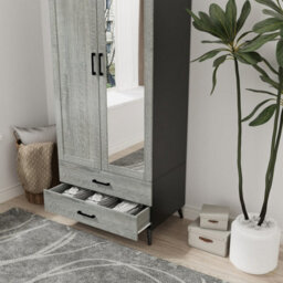 Urbn-Living Urbnliving 180Cm Height Black Mirror Wardrobe With Ash Grey 2 Door 2 Drawer Bedroom Clothes Storage Hanging Rail - thumbnail 6