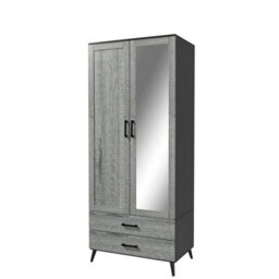 Urbn-Living Urbnliving 180Cm Height Black Mirror Wardrobe With Ash Grey 2 Door 2 Drawer Bedroom Clothes Storage Hanging Rail - thumbnail 4