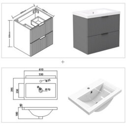 AVER-GROWTH 600mm Bathroom Vanity Unit With Ceramic Basin Sink 2 Drawer Wall Hung Black Handles Matt Grey Bathroom Cabinet Storage Cupboard - thumbnail 4