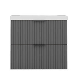 AVER-GROWTH 600mm Bathroom Vanity Unit With Ceramic Basin Sink 2 Drawer Wall Hung Black Handles Matt Grey Bathroom Cabinet Storage Cupboard - thumbnail 3