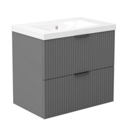 AVER-GROWTH 600mm Bathroom Vanity Unit With Ceramic Basin Sink 2 Drawer Wall Hung Black Handles Matt Grey Bathroom Cabinet Storage Cupboard