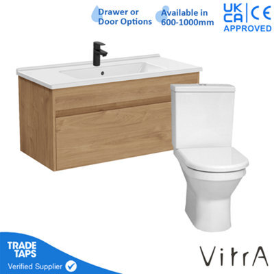 Vitra 1000mm Wall Hung Bathroom Vanity Unit With 1 Drawer Includes Basin, Black Tap And Close Coupled Toilet Set - Golden Oak - image 1