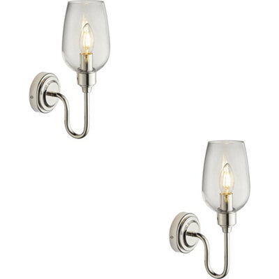 Loops 2 Pack Bright Nickel Dimmable Wall Light - Clear Glass Shade - 6W Led E14 Candle - image 1