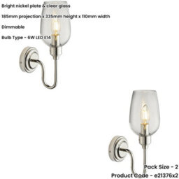 Loops 2 Pack Bright Nickel Dimmable Wall Light - Clear Glass Shade - 6W Led E14 Candle - thumbnail 2