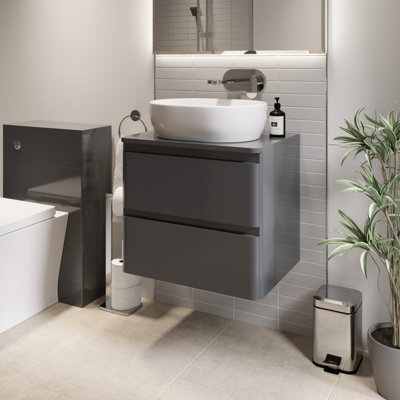 Affine Bathroom Cloakroom Vanity Unit Wall Mounted Countertop Basin Grey Gloss 600mm - image 1