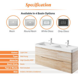 Plum&clay Eden Light Oak Wall Hung Vanity Unit With Resin Basin (W)1200mm - thumbnail 7