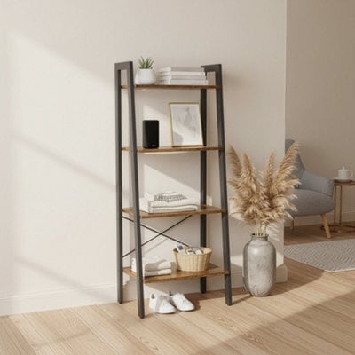 LEDREM Ladder Shelf, 4-Tier Bookshelf, Storage Rack, Bookcase, For Living Room, Kitchen, Bedroom, Rustic Brown - image 1