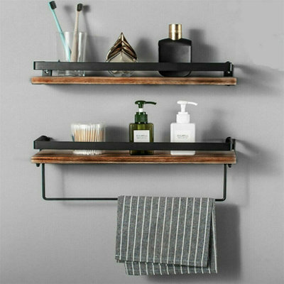 Fativo 2 Large 40Cm Long Rustic Wall Floating Shelf Bathroom Utility Decorative Rack W/ Towel Rod - image 1
