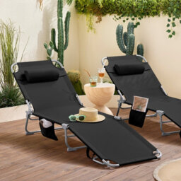 Sobuy Ogs35-Schx2, Set Of 2 Textilene Reclining Folding Chair, Adjustable Back Camping Chair, Black,w193Xd56Xh81 - thumbnail 2