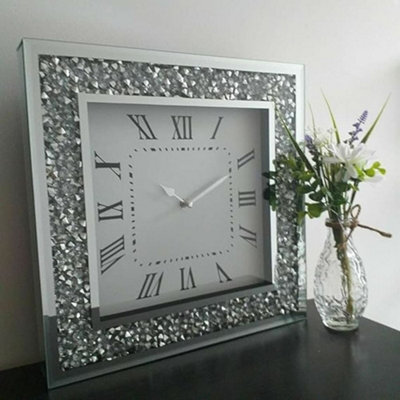Biznest New 30X30Cm Crushed Jewel Crystal Wall Clock Roman Number Glass Diamante Mirror Square (30X30Cm)