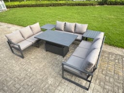 Fimous U-Shaped Garden Furniture Set 9-Seater Aluminium With Adjustable Rising Lifting Dining Table 2 Side Tables Dark Grey - thumbnail 2