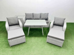 Fimous Reclining Chair 3 Seat Sofa Set Garden Furniture Set With Rectangular Dining Table Side Table 2 Big Footstools Light Grey - thumbnail 1
