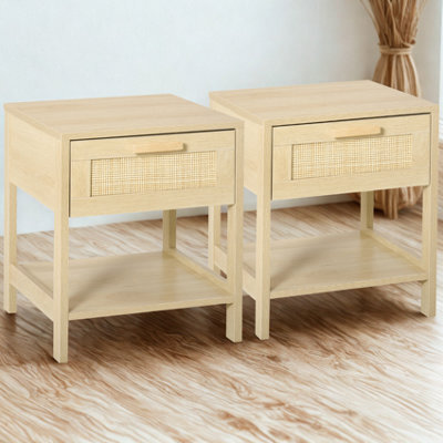 2Pc Bedside Night Tables With Rattan Drawer And Shelf - image 1