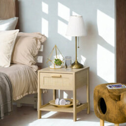 2Pc Bedside Night Tables With Rattan Drawer And Shelf - thumbnail 2
