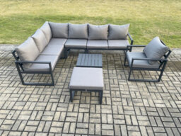 Fimous 8 Seater Aluminium Garden Furniture Set Outdoor Lounge Corner Sofa Chair Coffee Table Sets With Big Footstool Dark Grey - thumbnail 2