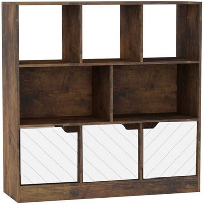 Urbn-Living Urbnliving Asymmetrical 8 Cube Rustic Brown Bookcase Freestanding Storage Unit With 3 Line Design Doors - White - image 1