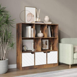 Urbn-Living Urbnliving Asymmetrical 8 Cube Rustic Brown Bookcase Freestanding Storage Unit With 3 Line Design Doors - White - thumbnail 2