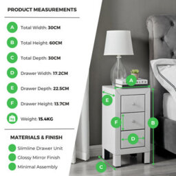 Furniturebox Uk Lexi Contemporary White Mirrored Bedside Table Side Table Bedroom Cabinet Modern Slimline 3 Drawer Reflective - thumbnail 7