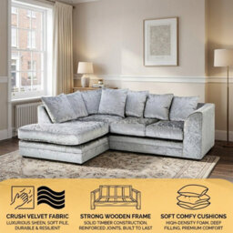 Crystal Silver Crushed Velvet L Shaped Corner Sofa 3 To 4 Seater Scatter Back Left Hand Facing - thumbnail 3