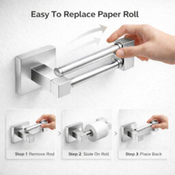 Billtix  Silver Square Stainless Steel Toilet Paper Holder, Wall Mounted Toilet Roll Holder Bathroom Accessories Roll Storage - thumbnail 5