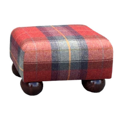Tartan Material Small Footstools Tartan - Claret Red - Mahogany Wood Bun Feet - image 1
