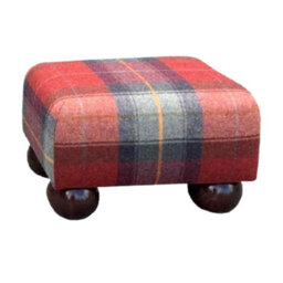Tartan Material Small Footstools Tartan - Claret Red - Mahogany Wood Bun Feet
