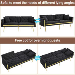 Matteo 2-Seater Velvet Sofa Bed With Adjustable Backrest And Cup Holders - Black - thumbnail 6