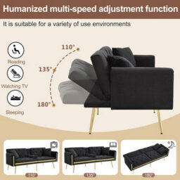 Matteo 2-Seater Velvet Sofa Bed With Adjustable Backrest And Cup Holders - Black - thumbnail 4