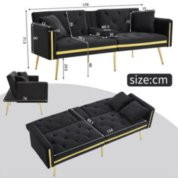 Matteo 2-Seater Velvet Sofa Bed With Adjustable Backrest And Cup Holders - Black - thumbnail 3