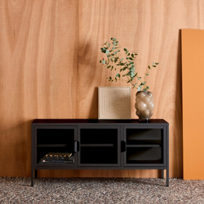 Sweeek - Industrial Metal And Tempered Glass Tv Stand With 3 Doors 120Cm Black 120X35X55 Cm - Arkansas - image 1