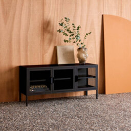 Sweeek - Industrial Metal And Tempered Glass Tv Stand With 3 Doors 120Cm Black 120X35X55 Cm - Arkansas - thumbnail 3