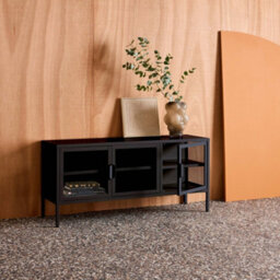 Sweeek - Industrial Metal And Tempered Glass Tv Stand With 3 Doors 120Cm Black 120X35X55 Cm - Arkansas - thumbnail 4