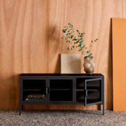 Sweeek - Industrial Metal And Tempered Glass Tv Stand With 3 Doors 120Cm Black 120X35X55 Cm - Arkansas - thumbnail 6