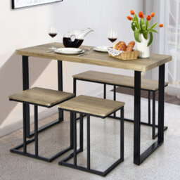 Costway 4Pcs Industrial Dining Table & Chair Set Kitchen Furniture Table Bench 2 Stools - thumbnail 4