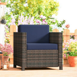 Outsunny Rattan Garden Armchair, Cushioned Single Rattan Chair, Brown/blue - thumbnail 1