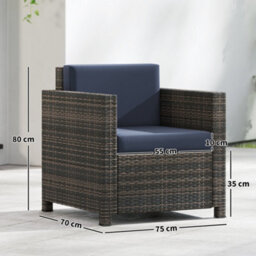 Outsunny Rattan Garden Armchair, Cushioned Single Rattan Chair, Brown/blue - thumbnail 3
