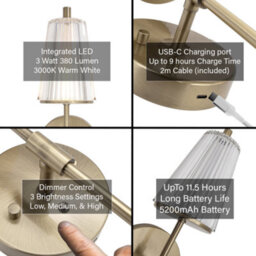 Happy Homewares Antique Brass Wireless Rechargeable Touch Dimmer Wall Light With Ribbed Shade - thumbnail 5