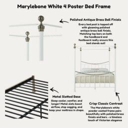 OAT Home Marylebone White & Brass Four Poster Metal Bed Frame - King Size - thumbnail 8